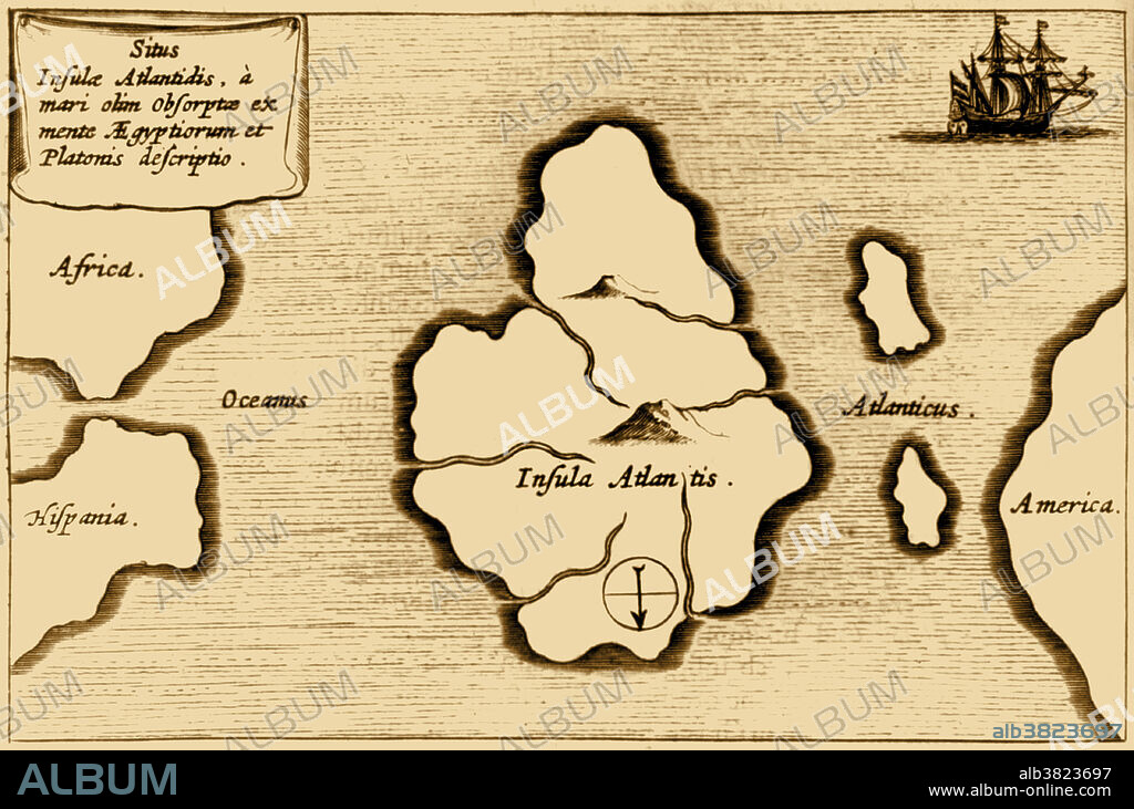 Colorization of Athanasius Kircher's map of Atlantis, in the middle of the Atlantic Ocean. this is a fictional continent from Mundus Subterraneus, 1665 edition. The map is oriented with south at the top. The allegorical aspect of the Atlantis story has had a considerable impact on literature.