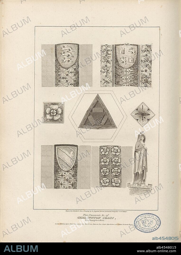Plan, Ornaments etc. of Geddington Cross, Northamptonshire, Floor plan and details of the Eleanor Cross in Geddington, signed: Engraved by John Roffe, from a Drawing by G. Shepherd, Fig. 42, p. 24, Shepherd, G. (Drawing); Roffe, John (engr.), 1806, John Britton: The architectural antiquities of Great Britain: represented and illustrated in a series of views, elevations, plans, sections and details of various ancient English edifices: with historical and descriptive accounts of each. Bd. 1. London: J. Taylor, 1807-1826.