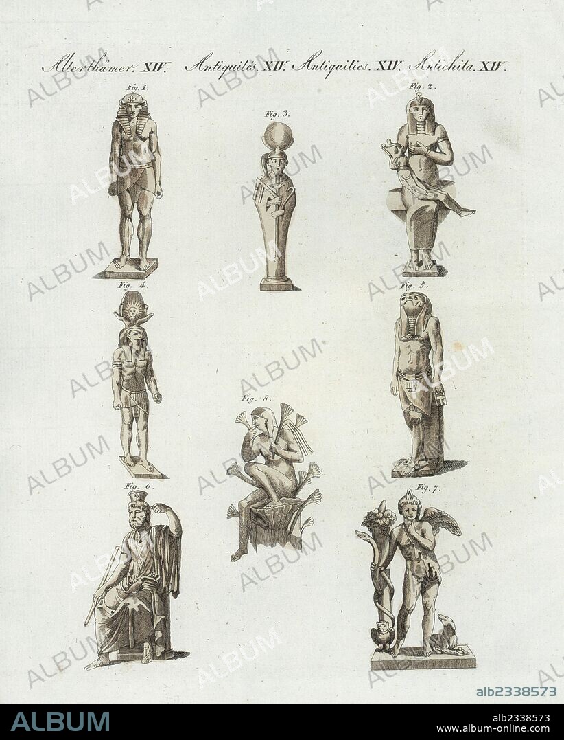 Egyptian gods: Isis 1, Isis and Horus 2, Isis with disk on head 3, Osiris 4,5, Serapis 6, Harpokrates 7.8. Handcoloured copperplate engraving from Bertuch's "Bilderbuch fur Kinder" (Picture Book for Children), Weimar, 1805. Friedrich Johann Bertuch (1747-1822) was a German publisher and man of arts most famous for his 12-volume encyclopedia for children illustrated with 1,200 engraved plates on natural history, science, costume, mythology, etc., published from 1790-1830.