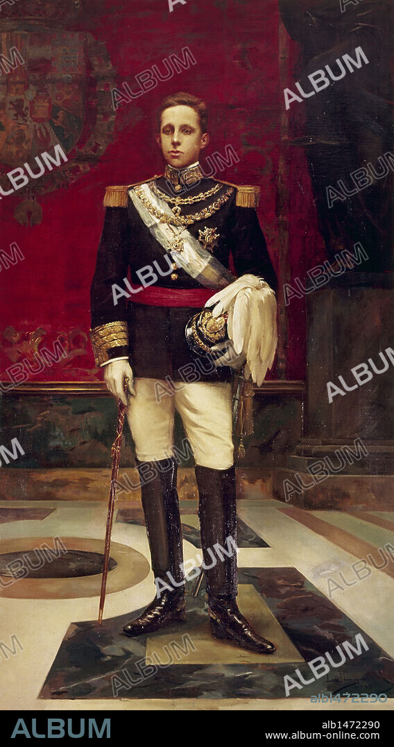 ALFONSO XIII (Madrid,1886-Roma,1941). Rey de España (1886-1931). En 1902 juró la Constitución. Los principales problemas de su reinado fueron la descomposición de los partidos políticos, la Guerra de Marruecos y la cuestión nacional en Cataluña y el País Vasco. Retrato del monarca de joven, obra de L. DOMINGUEZ Tribunal de Cuentas. Madrid. España.