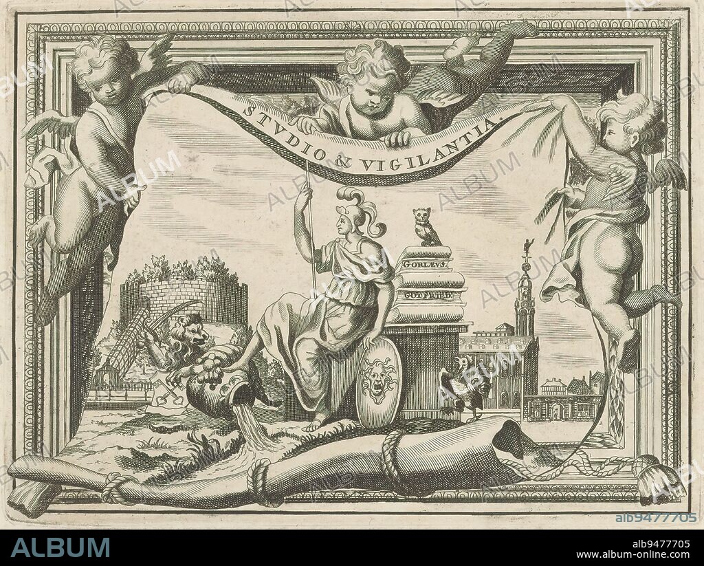 Vignette with Minerva and putti, Three putti hold a scroll depicting Minerva with shield and lance seated on a pedestal on which are books by David van Goorle (Gorlaeus) and Johann Ludwig Gottfried. With her foot she rests on a flowing jar. Next to it is a lion with a sword and the coat of arms of Leiden. In the background the castle and University of Leiden., print maker: anonymous, publisher: Pieter van der Aa (I), Leiden, 1698, paper, etching, engraving, height 136 mm × width 179 mm.