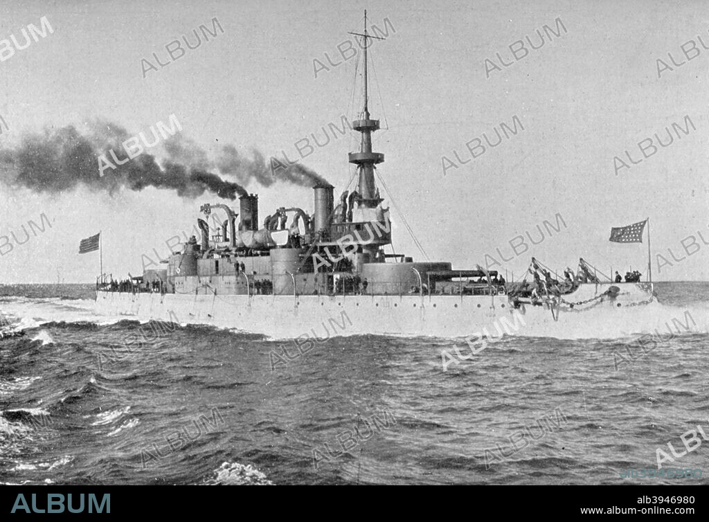 USS 'Indiana', American battleship, 1898. Commissioned in 1895, the 'Indiana' was the lead ship of a class of three pre-dreadnought battleships. Together with her sisters, 'Massachusetts' and 'Oregon', she participated in the Battle of Santiago on 3 July 1898 during the Spanish-American War, in which the Spanish Caribbean Squadron was destroyed. A print from Our Country in War and Relations with All Nations, by Murat Halstead, The United Subscription Book Publishers of America, 1898.