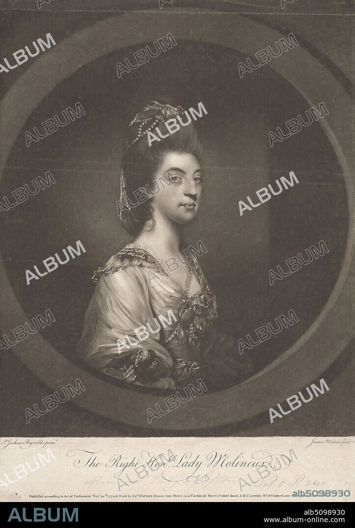 Isabella Molyneux (née Stanhope), Countess of Sefton, James Watson, 17401790, British, after Sir Joshua Reynolds RA, 17231792, British, 1770, Mezzotint on medium, moderately textured, blued white, laid paper, Sheet: 15 3/8 × 10 15/16 inches (39.1 × 27.8 cm) and Image: 13 5/16 × 10 7/8 inches (33.8 × 27.6 cm).