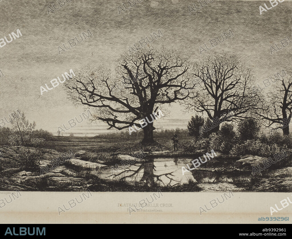 Plateau de Belle Croix. Forêt de Fontainebleau., Alfred-Joseph Dannequin, artist, 1869, France, etching, In this highly atmospheric, romantic etching, evocative - probably unconsciously - of the beautiful precision and humility towards nature of Caspar David Friedrich, we see three ancient, leafless oaks standing out against a buttermilk sky. Glacial boulders surround a brackish pond and an unknown man, probably rendered deliberately small, poses with a staff at the centre. The scens is located in the Forest of Fontainebleau, the favoured location of the Barbizon School of French realist painters including Corot and Daubigny. The printmaker Alfred Joseph Dannequin (d. 1890) was a little-known associate of the Barbizon School.