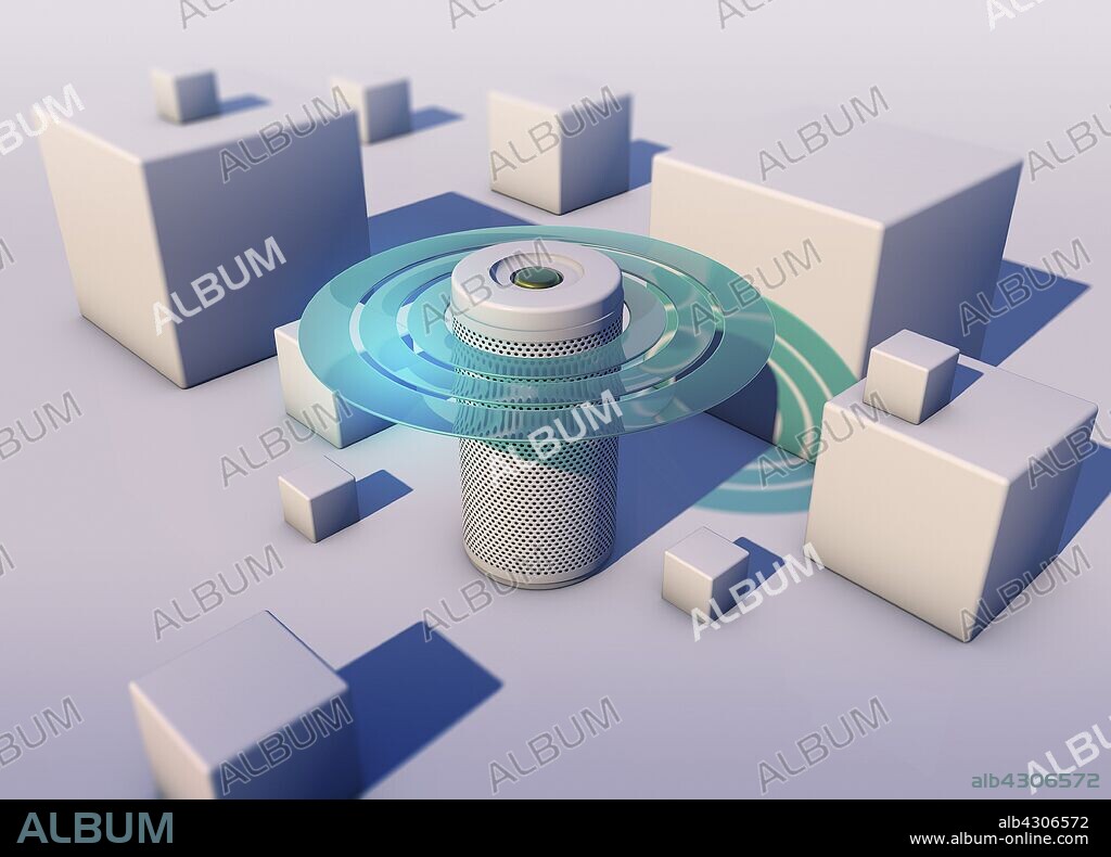 Abstract smart speaker emitting sound waves.