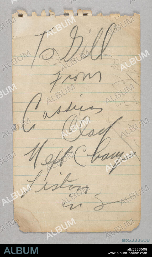 This note was written in the summer of 1963, months before the World Heavyweight Championship fight between African-American boxers Clay (later Muhammad Ali) and Sonny Liston in February 1964. The Sports Illustrated reporter Frank Deford was on the train with Clay, headed back to New York, when he asked for an autograph for his younger brother Gill. Clay wrote the note on a piece of paper from Deford’s reporter’s notepad. Though the fight with Liston was months away, Deford noted that “[Clay] had recently begun to predict victory for himself.” He added that “So far as I know, though, this was the first written declaration of the prediction which would so shock the sports world.”.