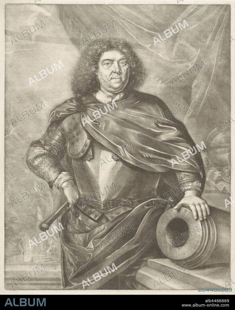 Portrait of Pieter Gilles Schey, The Admiral Pieter Gilles Schey. He leans his hand on a gun and has the captain's staff in the other hand. In the background a sea battle., Battle (naval force), sailing ship, sailing boat, globe, Gilles Schey, Thomas van der Wilt, Delft, 1673 - 1733, paper, h 373 mm × w 296 mm.