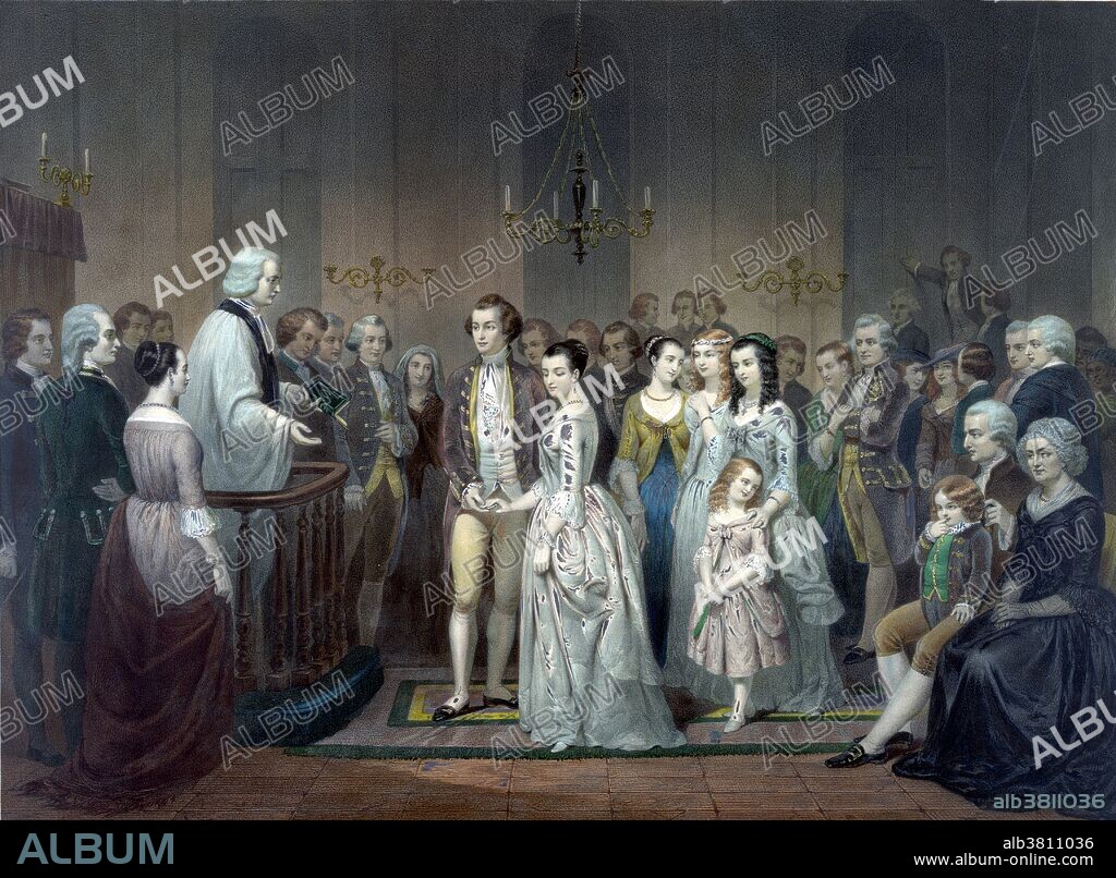 Captioned: "On January 6, 1759, Washington married the wealthy widow Martha Dandridge Custis, then 28 years old. Surviving letters suggest that he may have been in love at the time with Sally Fairfax, the wife of a friend. Nevertheless, George and Martha made a compatible marriage, because Martha was intelligent, gracious, and experienced in managing a planter's estate. George Washington (February 22, 1732 - December 14, 1799) was the first President of the USA, from 1789-97, and dominant military and political leader 1775-99. He was one of the Founding Fathers and hailed as "father of his country" even during his lifetime. He led the American victory over Great Britain in the American Revolutionary War as commander-in-chief of the Continental Army. He presided over the convention that drafted the US Constitution, which replaced the Articles of Confederation and which remains the supreme law of the land. Washington became the first president by unanimous choice, and oversaw the creation of a strong, well-financed national government that maintained neutrality in the wars raging in Europe, suppressed rebellion and won acceptance among Americans of all types. He died in 1799 at the age of 67. Painting by Junius Brutus Stearns, 1854.