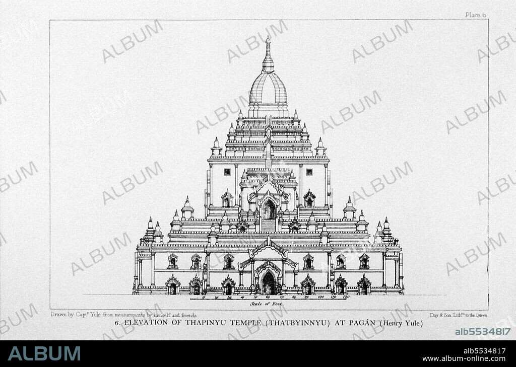 The 61m-high Thatbyinnyu temple was built as a Buddhist monastery (vihara) in 1144 during the reign of King Alaungsithu. It is adjacent to Ananda Temple. Thatbyinnyu Temple is shaped like a cross, but is not symmetrical. The temple has two primary storeys, with the seated Buddha image located on the second storey. The ruins of Bagan (also spelled Pagan) cover an area of 16 square miles (41 km2). The majority of its buildings were built between the 11th and 13th centuries, during the time Bagan was the capital of the First Burmese Empire. It was not until King Pyinbya moved the capital to Bagan in 874 CE that it became a major city. However, in Burmese tradition, the capital shifted with each reign, and thus Bagan was once again abandoned until the reign of King Anawrahta who, in 1057, conquered the Mon capital of Thaton, and brought back the Tripitaka Pali scriptures, Buddhist monks and craftsmen to help transform Bagan into a religious and cultural centre. With the help of a monk from Lower Burma, Anawrahta made Theravada Buddhism the state religion. In the 12th and 13th centuries, Bagan became a truly cosmopolitan centre of Buddhist studies, attracting monks and students from as far as India, Sri Lanka as well as the Siamese and Khmer kingdoms. Among many other works, Aggava?sa's influential ‘Saddaniti,’ a grammar of the language of the Tipi?aka, would be completed there in 1154. In 1287, the kingdom fell to the Mongols, after refusing to pay tribute to Kublai Khan. Abandoned by the Burmese king and perhaps sacked by the Mongols, the city declined as a political centre, but continued to flourish as a place of Buddhist scholarship.