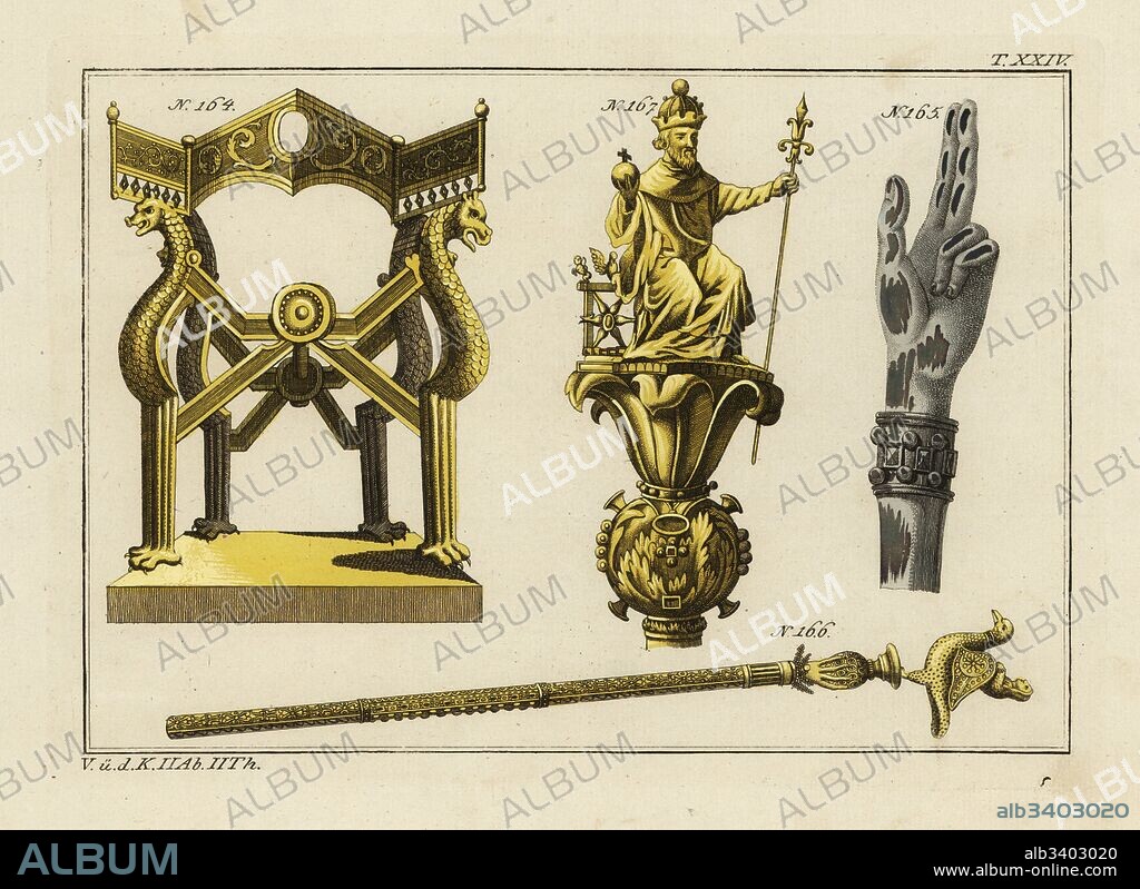 Throne 164 and scepter 166 of Dagobert I, King of the Franks, hand of justice 165, and scepter of Charlemagne 167. Handcoloured copperplate engraving from Robert von Spalart's Historical Picture of the Costumes of the Principal People of Antiquity and of the Middle Ages, Chez Collignon, Metz, 1810.