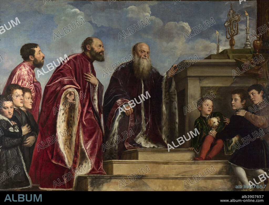 TITIAN. The Vendramin Family, venerating a Relic of the True Cross. Date/Period: 1543. Painting. Oil on canvas. Height: 206.1 cm (81.1 in); Width: 288.5 cm (113.5 in).