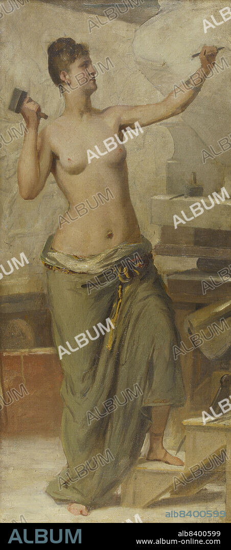JOSEPH FORTUNE LAYRAUD. Esquisse pour le salon des Arts de l'Hôtel de Ville : La Sculpture, between 1889 and 1892. Allegorical figure: Sculpture. Woman sculpting using a mallet and chisel. This and another sketch, showing the figure from behind, were mounted back-to-back by the artist.