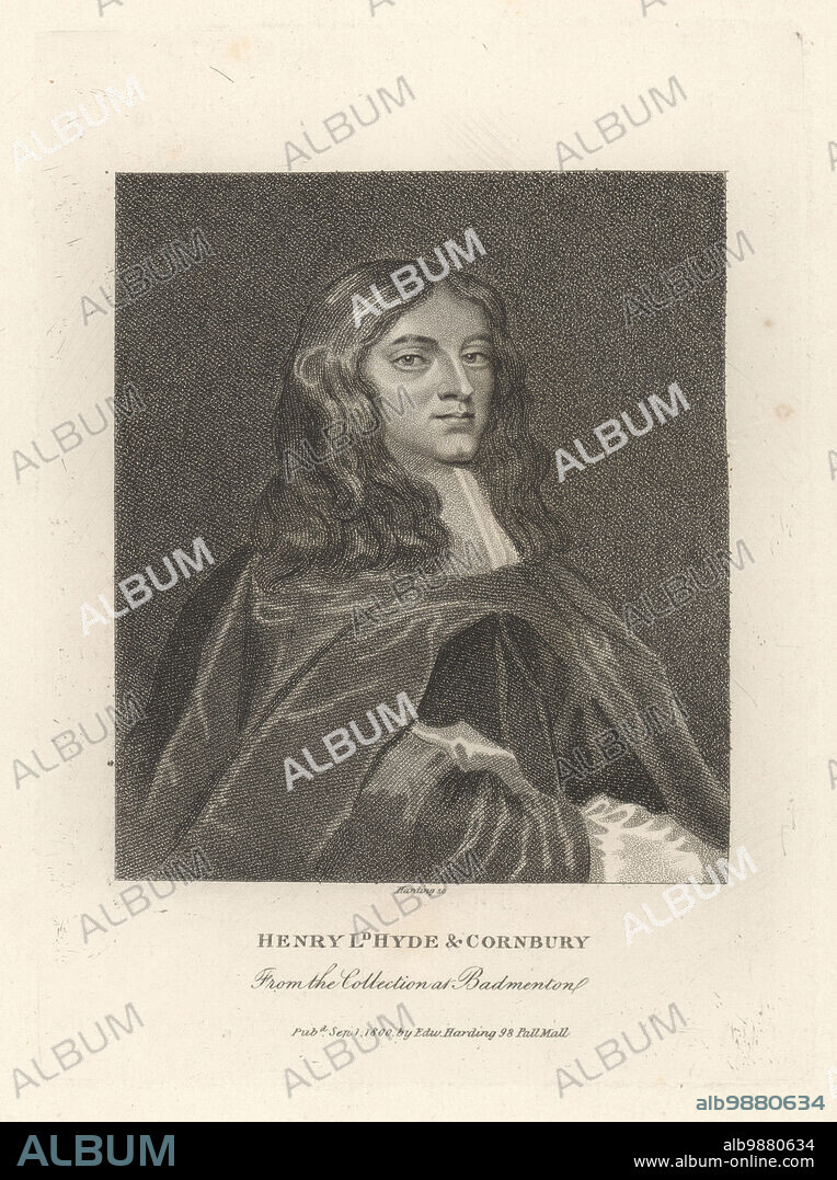 Henry Hyde, 2nd Earl of Clarendon, died 1709. English politician, brother-in-law to King James II, Lord Privy Seal, Lord Lieutenant to Ireland. From the collection at Badminton. Copperplate engraving by Edward Harding from John Adolphus The British Cabinet, containing Portraits of Illustrious Personages, printed by T. Bensley for E. Harding, 98 Pall Mall, London, 1800.