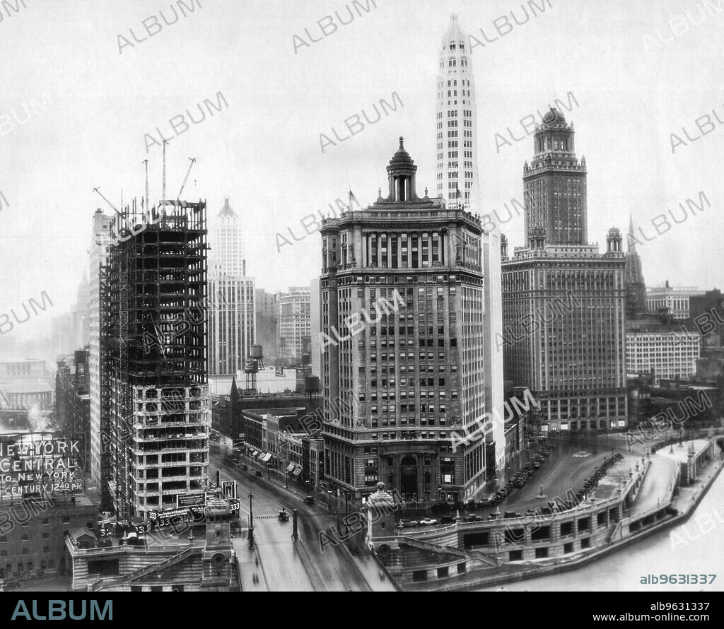 Chicago, Illinois, 1913 View looking south from the Tribune Building over the Link Bridge and other buildings left to right are ""333"" Building under construction, Pittsfield Building in distance, London Guarantee, Mather Tower and Pure Oil Building.