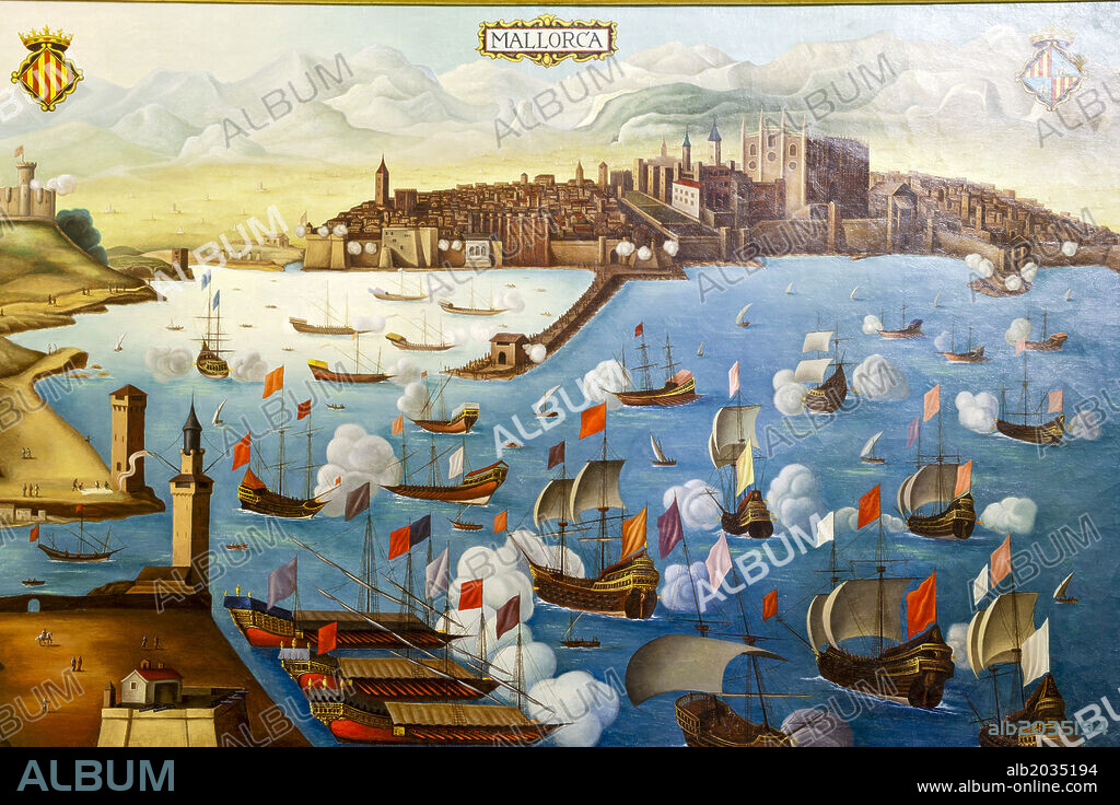 Painting depicting a siege of Palma. Consolat de Mar (headquarters of the Balearic Government), 17th century. Palma, Mallorca, Balearic Islands, Spain.