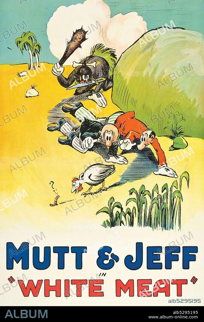 Cannibal about to club Mutt & Jeff.  Mutt and Jeff is a long-running and widely popular American newspaper comic strip created by cartoonist Bud Fisher in 1907 about "two mismatched tinhorns". Historians regard Mutt and Jeff, originally titled A. Mutt, as the first American newspaper cartoon published as a strip of panels, as opposed to a single panel, making it the first "comic strip" to successfully pioneer that since-common format..