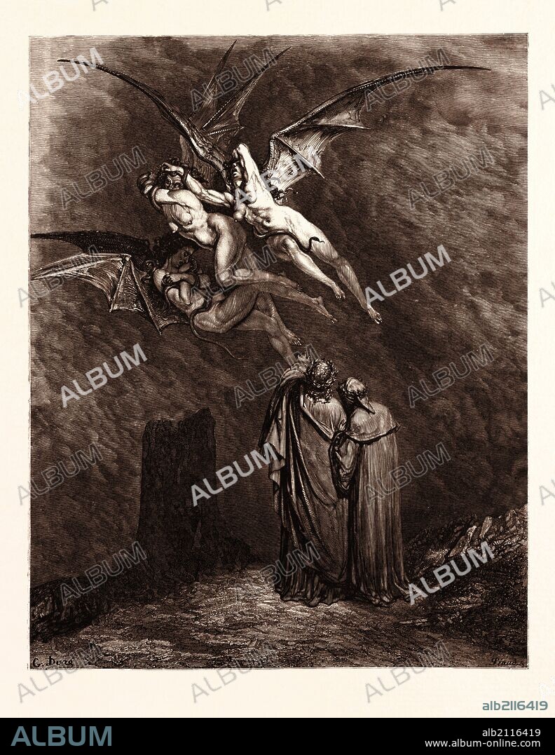 THE FURIES BEFORE THE GATES OF DIS, BY GUSTAVE DORÉ. Gustave Dore, 1832 - 1883, French. Engraving for The Divine Comedy, Divina Commedia, by Dante. 1870, Art, Artist, romanticism, colour, color engraving.