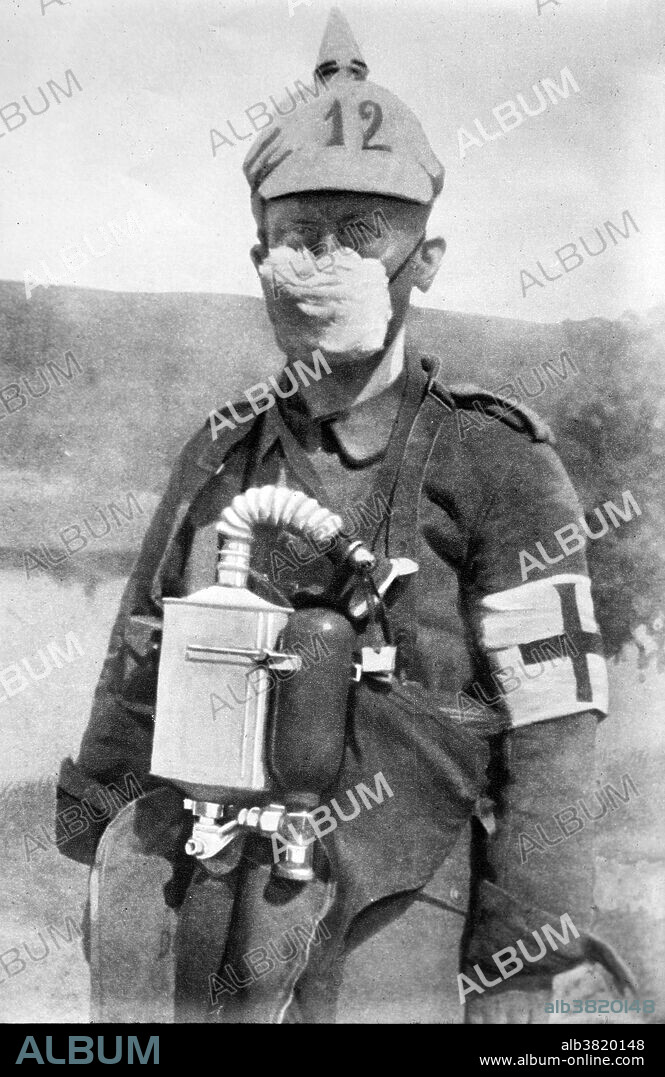 Photograph shows German soldier wearing a face mask to protect against gas attacks during World War I. The first use of poison gas on the Western Front was on April 22, 1915, by the Germans at Ypres, against Canadian and French colonial troops. The British Royal Society of Chemistry claims that British scientist Edward Harrison developed the first practical gas mask for mass production towards the end of 1916. American chemist and inventor James Bert Garner is credited by American sources with the invention of the gas mask in April 1915. He remembered experiments he had performed while teaching at the University of Chicago, thus he set about creating the first gas mask which he tested on two of his associates in a gas filled chamber. Following the successful completion of the test, he provided the results to the British government. Since dogs were frequently used on the front lines, a special type of gas mask was developed that dogs were trained to wear. Additionally, gas masks were developed during World War One and the time following for horses in the various mounted units that operated near the front lines. Bain News Service, circa 1910-15.