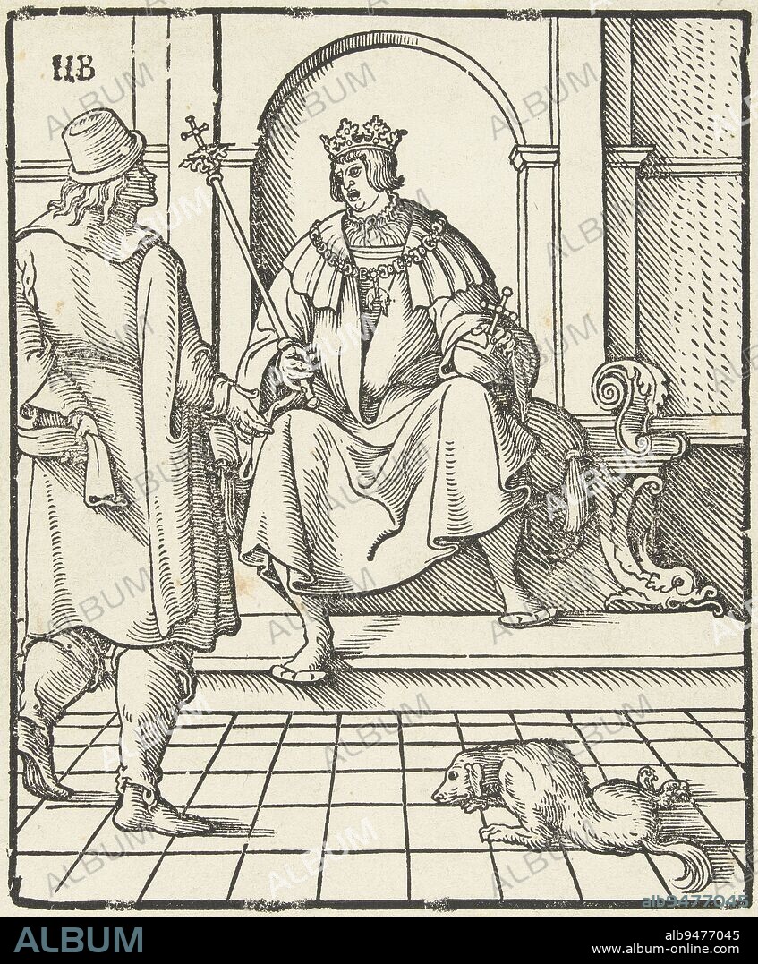 A king sits on a throne with a scepter and imperial apple in his hands. On his chest hangs a chain with the Lamb of the Golden Fleece. The king is in conversation with a standing man. In the foreground right is a dog. King seated on throne talking to standing man, print maker: Peter Flötner, print maker: Hans Burgkmair (I), (rejected attribution), 1522 - 1534, paper, h 162 mm × w 133 mm.
