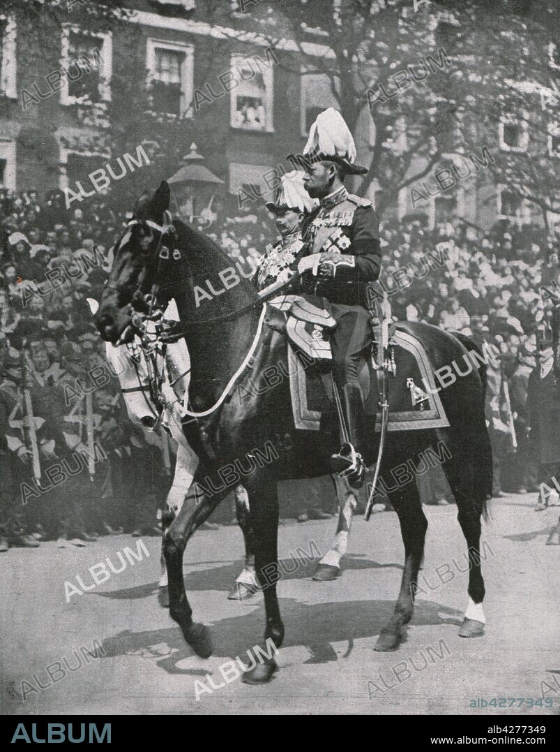 King George V at the funeral of his father King Edward VII, London, 20 May 1910. King George V (1865-1936), and his first cousin Kaiser Wilhelm II of Germany, in the procession from Westminster to Paddington. The funeral of King Edward VII of the United Kingdom of Great Britain and Ireland and Emperor of India (1841-1910) was attended by huge crowds, and was the largest ever gathering of European royalty. From "The Illustrated London News", [21 May 1910].
