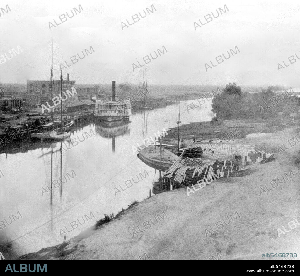 California History - The Channel, from the St. Charles Hotel, Stockton, San Joaquin County circa 1866.