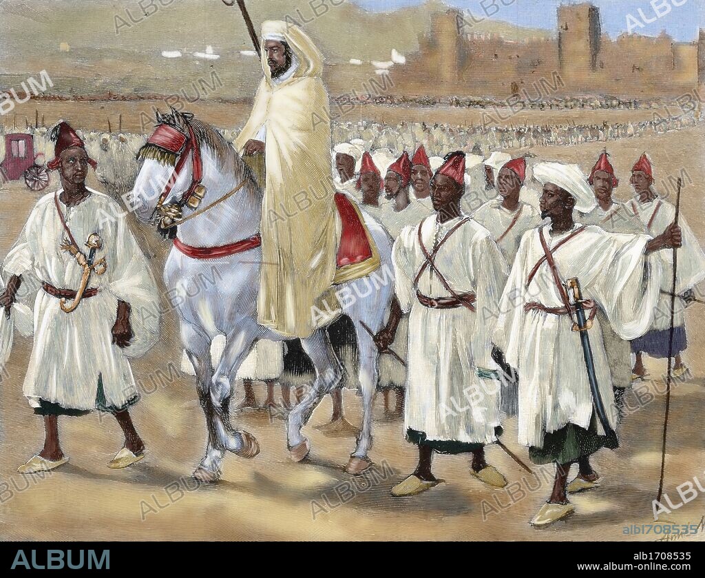 HASAN I (1836-1894). Sultán de Marruecos (1873-1894). Intentó modernizar su país mediante una aproximación a Europa. Asistió a la I Conferencia Internacional de Madrid (1880). Grabado coloreado del siglo XIX.