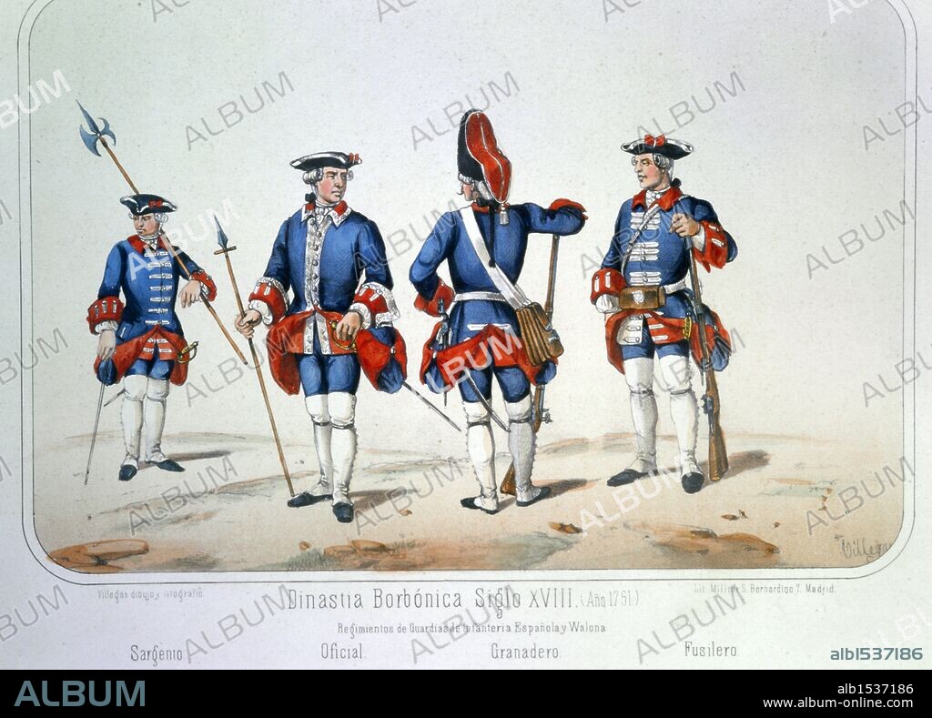 Reinado de Carlos III (1759 a 1788). Sargento, Oficial, Granadero y Fusilero en el año 1761. Dibujo de Villegas. Lámina número 45 del ALBUM DE LA INFANTERIA ESPAÑOLA del Teniente General Conde de Clonard. Litografía Militar, Madrid, año 1861.