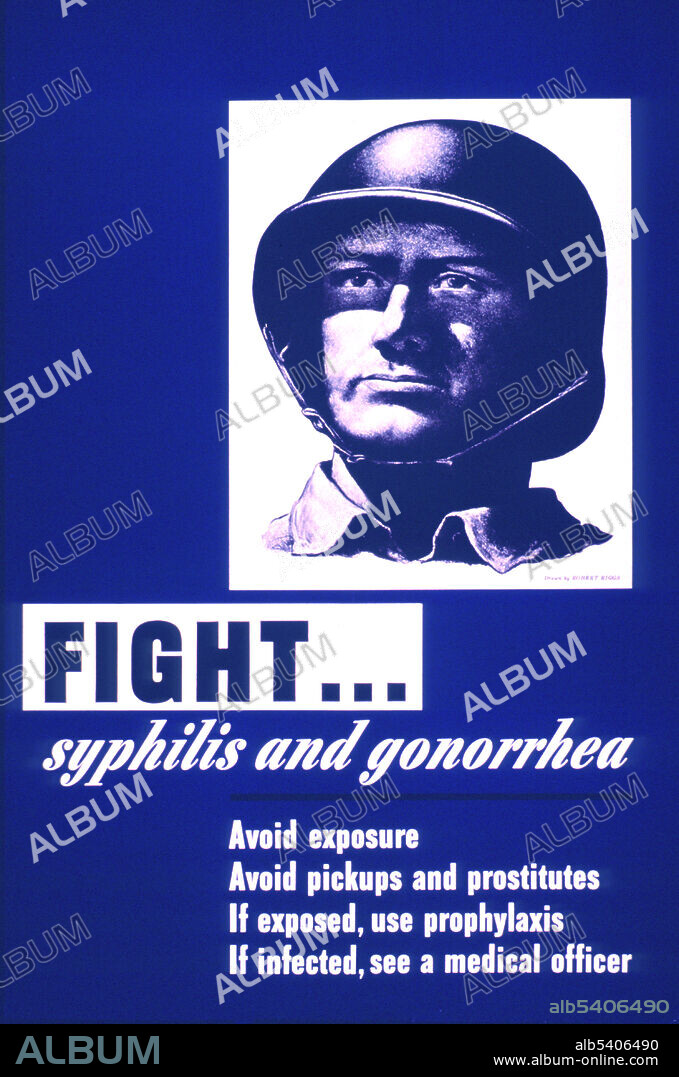Fight Syphilis and Gonorrhea. Predominantly blue poster with black and white lettering. Visual image is a reproduction of a drawing of a soldier's head and shoulders. The soldier wears a helmet. Title and caption below drawing. The tactic of appealing to the soldier's sense of patriotism in urging them to protect themselves for the sake of the country.