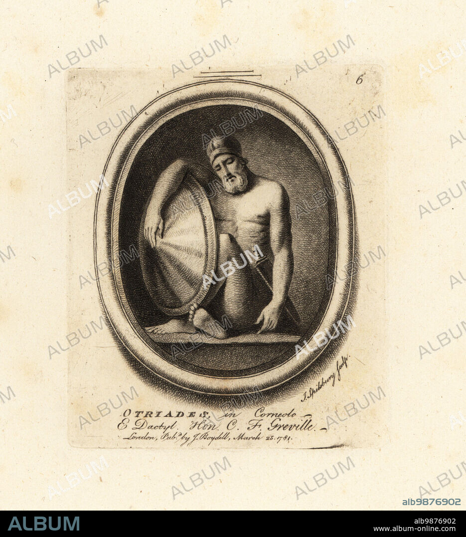 Portrait of Othryades or Othryadas, the last surviving Spartan of the 300 Spartans selected to fight against 300 Argives in the Battle of the 300 Champions. In cornelian and dactylotheca. From the collection of antiquarian Charles Francis Greville. Otriades in Cornel. & Dactylotheca. Mezzotint copperplate engraving by John Spilsbury from his Collection of Fifty Prints from Antique Gems, John Boydell, London, 1785.