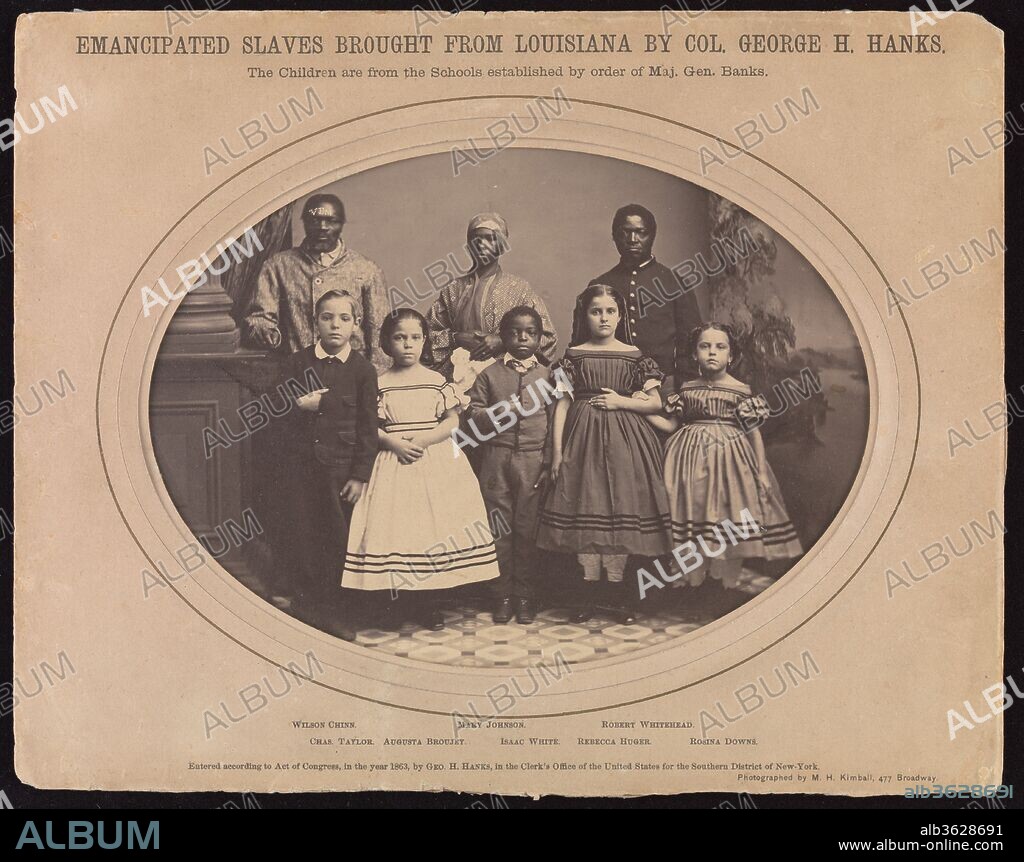 Emancipated Slaves Brought from Louisiana by Colonel George H. Banks. Artist: Myron H. Kimball (American, active 1860s). Dimensions: Image: 13.2 x 18.3cm (5 3/16 x 7 3/16in.), oblong oval
Mat: 19.9 x 25.2 cm (7 13/16 x 9 15/16 in.). Date: December 1863.
In December 1863, Colonel George Hanks of the 18th Infantry, Corps d'Afrique (a Union corps composed entirely of African-Americans), accompanied eight emancipated slaves from New Orleans to New York and Philadelphia expressly to visit photographic studios. A publicity campaign promoted by Major General Nathaniel Banks of the Department of the Gulf, and by the Freedman's Relief Association of New York, its sole purpose was to raise money to educate former slaves in Louisiana, a state still partially held by the Confederacy. One group portrait, several cartes de visite of pairs of students, and numerous portraits of each student were made.
When this photograph was published as a woodcut in "Harper's Weekly" of January 30, 1864, it was accompanied by the biographies of the eight emancipated slaves, which served successfully to fan the abolitionist cause. Two are quoted below.
AUGUSTA BROUJEY is nine years old. Her mother, who is almost white, was owned by her half-brother, named Solamon, who still retains two of her children.
WILSON CHINN is about 60 years old. He was "raised" by Isaac Howard of Woodford County, Kentucky. When 21 years old he was taken down the river and sold to Volsey B. Marmillion, a sugar planter about 45 miles above New Orleans. This man was accustomed to brand his negroes, and Wilson has on his forehead the letters "V. B. M." Of the 210 slaves on this plantation 105 left at one time and came into the Union camp. Thirty of them had been branded like cattle with a hot iron, four of them on the forehead, and the others on the breast or arm.
In his negative, Kimball retouched the brand on Wilson Chinn's forehead to make the initials appear more visible on the print.