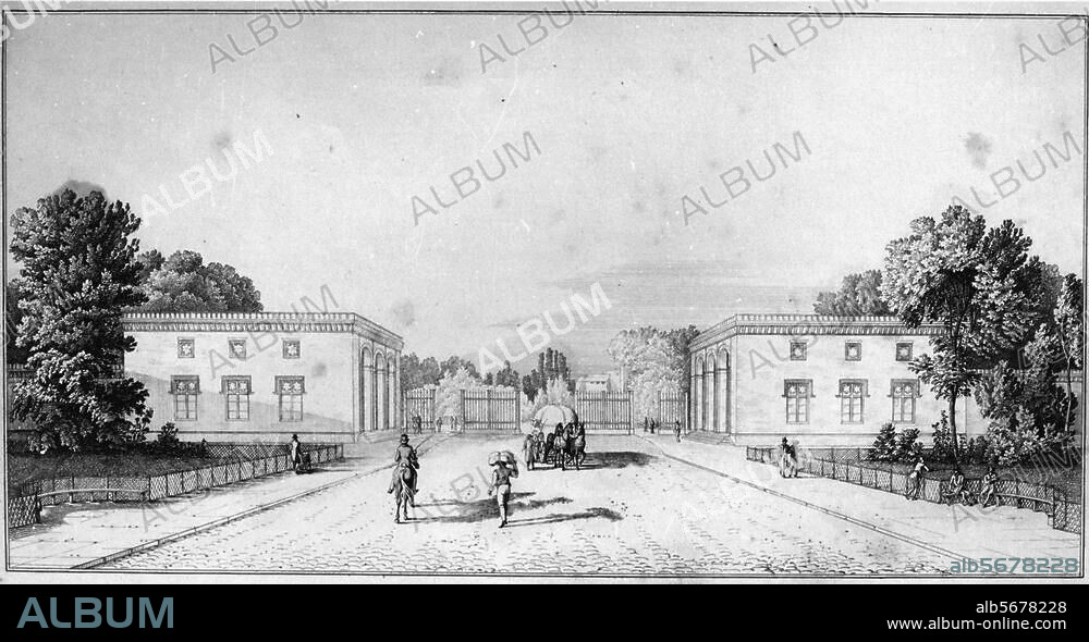 Berlin, Neues Tor / Luisenstraße. (1835/36 erbaut; Arch.: Karl Friedrich Schinkel). "Perspectivische Ansicht des Neuen Thors bei der Charite in Berlin". Umrißstich nach Zeichnung, 1832, von Schinkel. Aus: Sammlung Architektonischer Entwürfe, 1836.