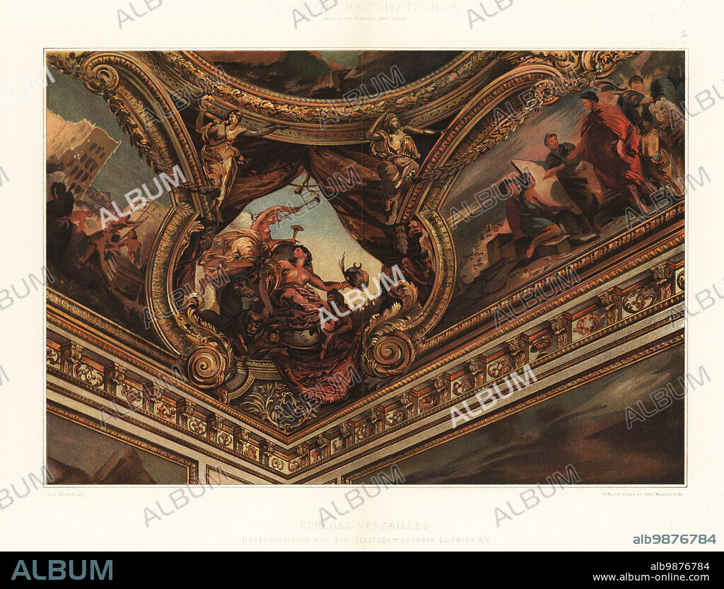 Ceiling painting from the state apartments of King Louis XIV, Palace of Versailles, 17th century. Deckenmalerei aus den Staatsgemaechern Ludwigs XIV, Schloss Versailles. Chromolithograph by Richard Hendorf from Ernst Ewalds Farbige decorationen, alter und never Zeit (Color decoration, ancient and new eras), Ernst Wasmuth, Berlin, 1896.