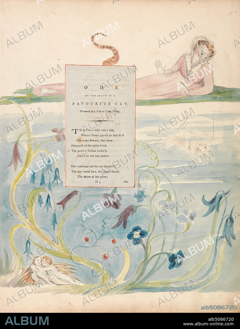 The Poems of Thomas Gray, Design 9, 'Ode on the Death of a Favourite Cat.', William Blake, 17571827, British, between 1797 and 1798, Watercolor with pen and black ink and graphite on moderately thick, slightly textured, cream wove paper with inlaid letterpress page, Sheet: 16 1/2 x 12 3/4 inches (41.9 x 32.4 cm), cat (domestic cat), children, fish, flowers (plants), literary theme, scissors, text, vines, water, women.