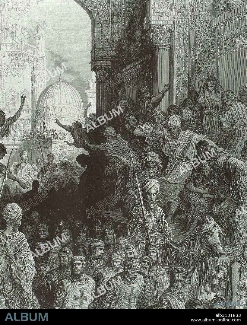 HISTORIA DE LAS CRUZADAS. Guerras que sostuvieron los cristianos de occidente contra el Islam para recuperar los Santos Lugares (siglos XI al XV). Grabado de Gustavo DORE en el que se representa a un grupo de cruzados hechos prisioneros por los árabes.