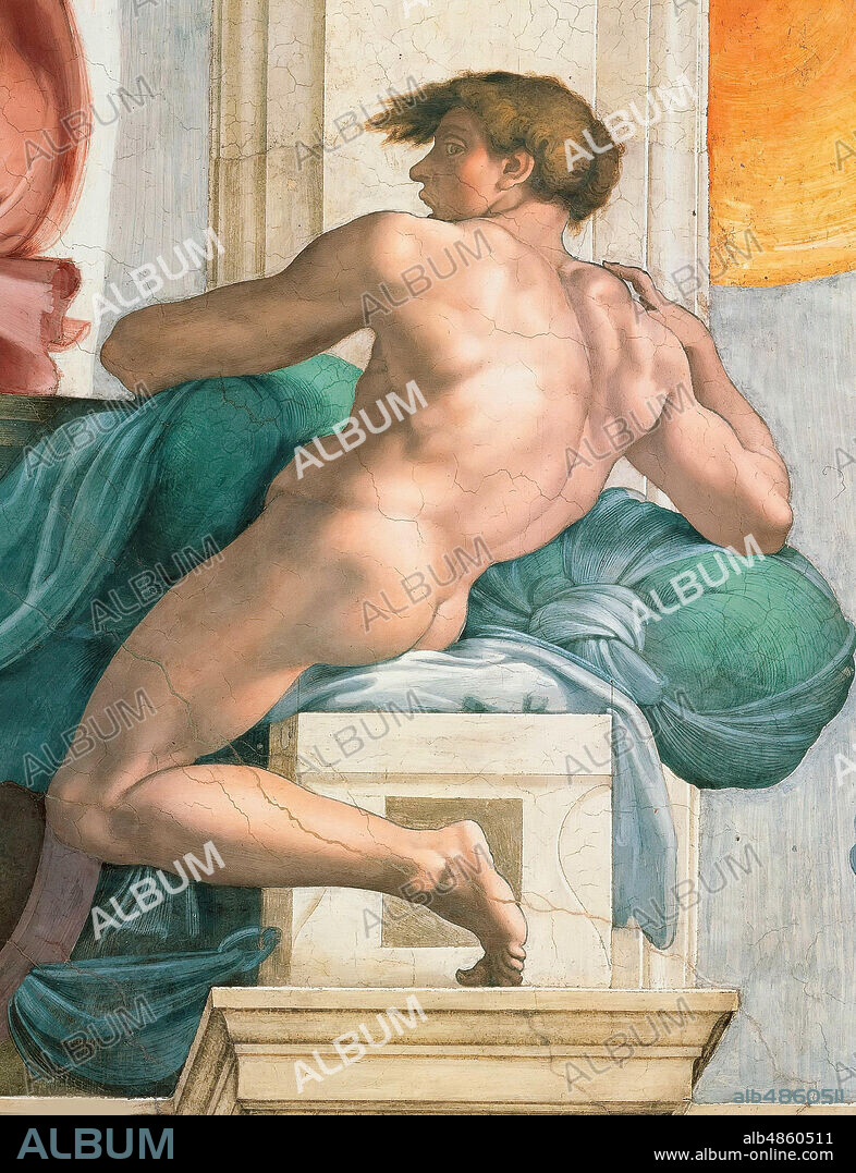 MICHELANGELO BUONARROTI. Ignudo (Sistine Chapel ceiling in the Vatican).