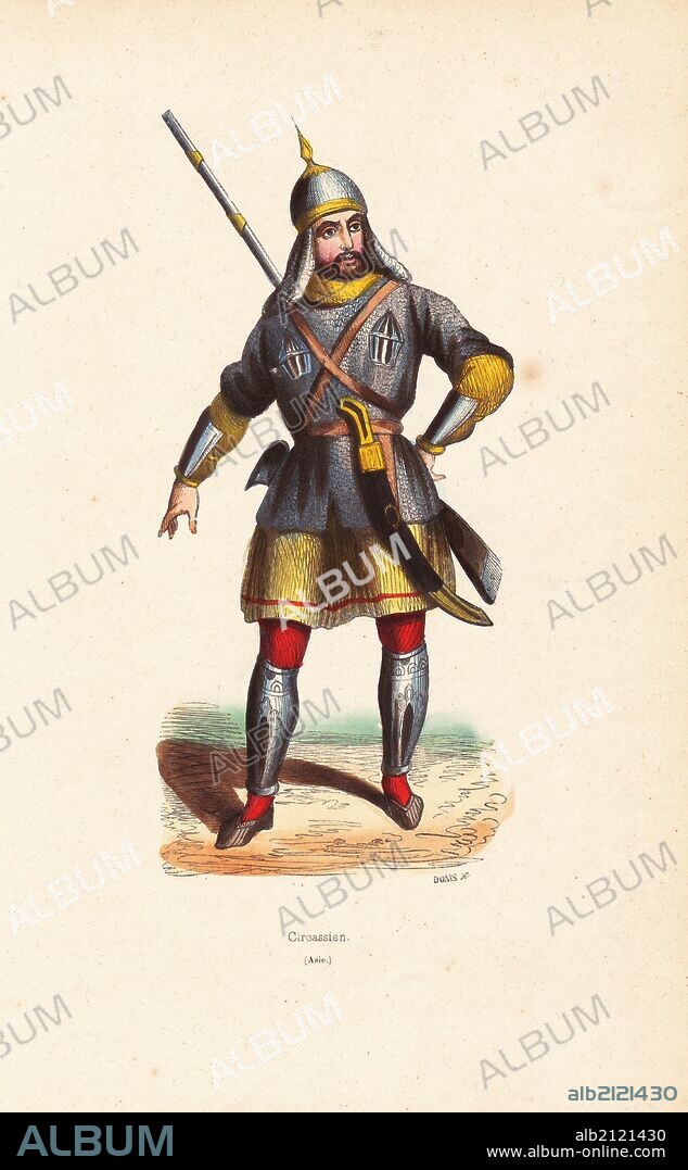 Circassian man in helmet, chain mail tunic over skirt, with plate metal armor on his forearms and shins, carrying a musket and curved sword. Handcoloured woodcut by Doms from Auguste Wahlen's "Moeurs, Usages et Costumes de tous les Peuples du Monde," Librairie Historique-Artistique, Brussels, 1845. Wahlen was the pseudonym of Jean-Francois-Nicolas Loumyer (1801-1875), a writer and archivist with the Heraldic Department of Belgium.