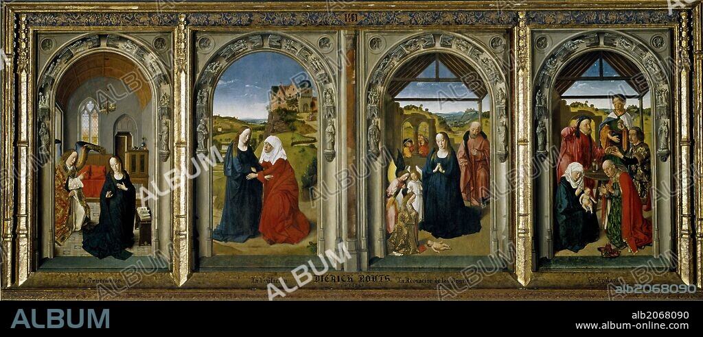 DIERIC BOUTS. Dirk Bouts / 'Tríptico de la vida de la Virgen', Hacia 1445, Escuela Flamenca, Óleo sobre Tabla, 80 cm x 217 cm, P01461.