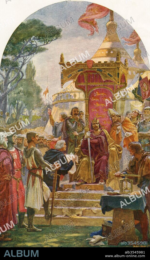 King John granting the Magna Carta at Runnymede, on the bank of the River Thames near Windsor, England, 15 June 1215. From Cassell's History of England, published c.1901.
