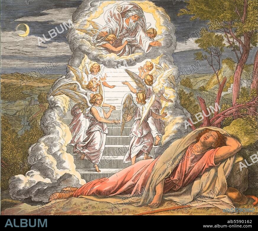 JULIUS SCHNORR VON CAROLSFELD. Schnorr von Carolsfeld, Julius. 1794-1874. "Jacob's dream of the ladder to heaven.". (Genesis 28,12-13). Woodcut, subsequent colouring. From: The Bible in Pictures, Leipzig. (Georg Wigand) 1860, p. 32. Berlin, Sammlung Archiv für Kunst und Geschichte.