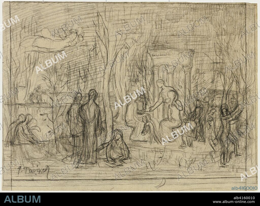 Compositional study for The Sacred Grove, Beloved of the Arts and the Muses. Pierre Puvis de Chavannes; French, 1824-1898. Date: 1883-1884. Dimensions: 193 × 262 mm (primary support); 212 × 278 mm (secondary support). Black chalk on tan wove tracing paper, laid down on ivory wove paper. Origin: France.