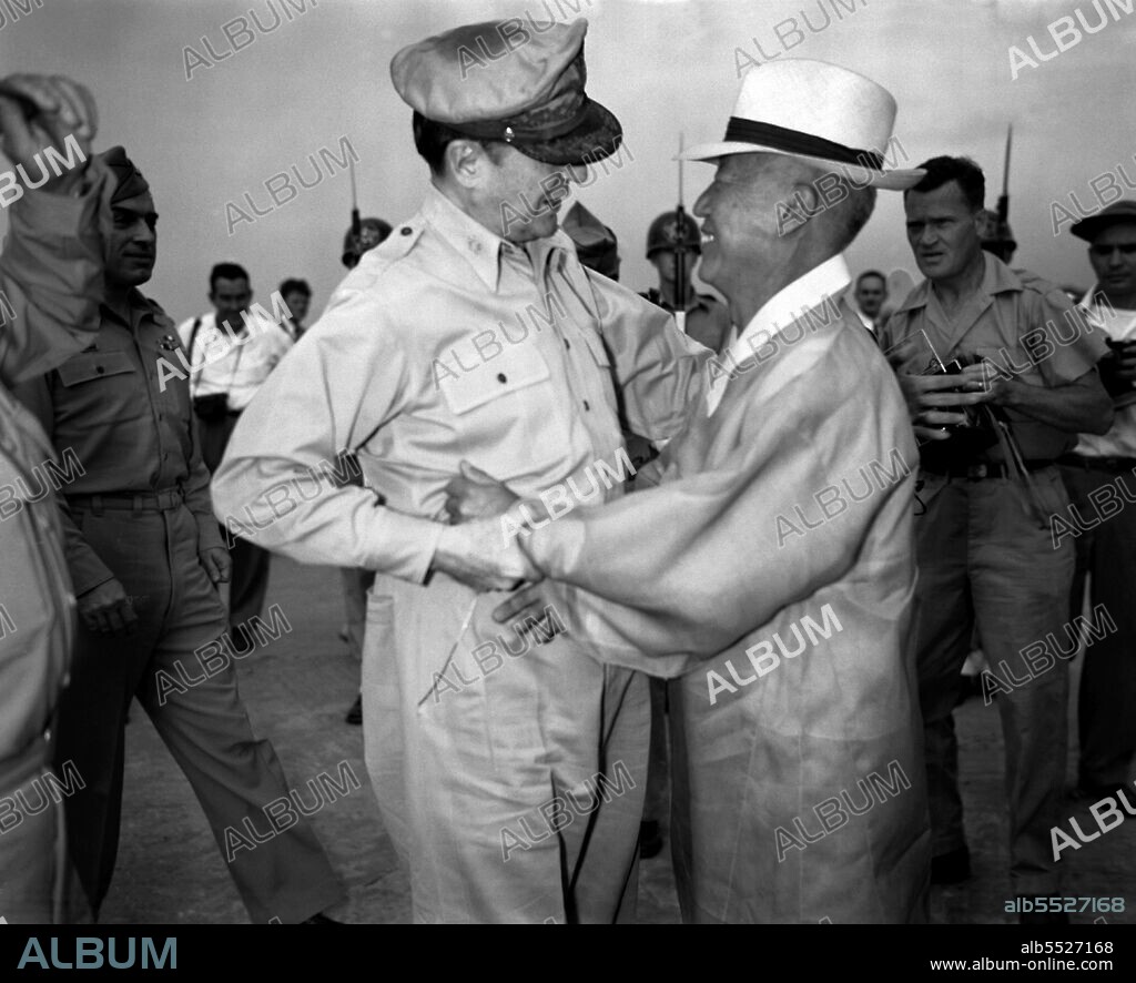General of the Army Douglas MacArthur (26 January 1880 – 5 April 1964) was an American general and field marshal of the Philippine Army who was Chief of Staff of the United States Army during the 1930s and played a prominent role in the Pacific theater during World War II. He led the United Nations Command in the Korean War until he was removed from command by President Harry S. Truman on 11 April 1951. Syngman Rhee was a Korean statesman, authoritarian dictator, and the first president of the Provisional Government of the Republic of Korea as well as the first president of South Korea.
