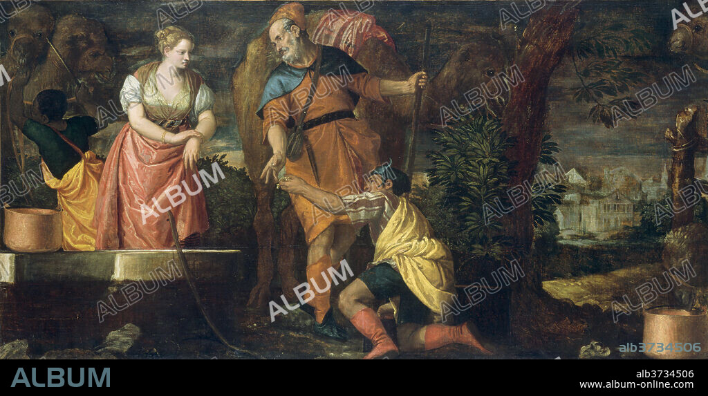 PAOLO VERONESE. Rebecca at the Well. Dated: 1580/1585. Dimensions: overall: 145.5 x 282.7 cm (57 5/16 x 111 5/16 in.)  framed: 175.3 x 313.1 x 10.2 cm (69 x 123 1/4 x 4 in.). Medium: oil on canvas.
