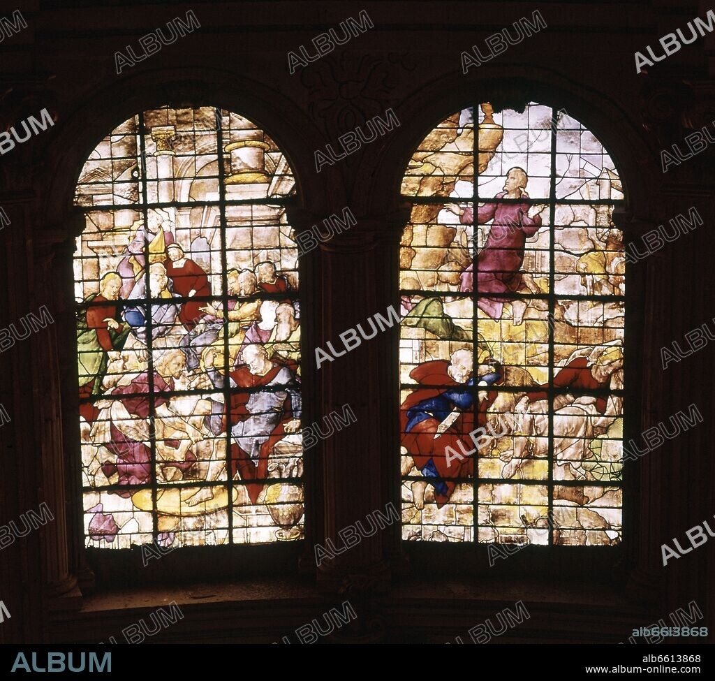 TEODORO DE HOLANDA Y JUAN DEL CAMPO-VIDRIEROS. VIDRIERAS DE LA CAPILLA REAL DE LA CATEDRAL DE GRANADA - JESUS LAVA LOS PIES A SUS DISCIPULOS Y LA ORACION EN EL HUERTO - SIGLO XVI.