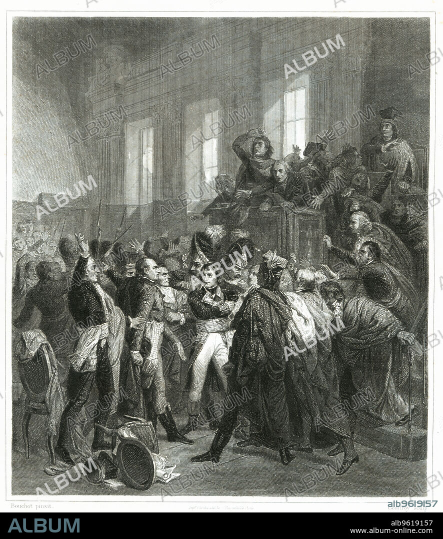 Napoleon Bonaparte is booed in the Council of Five Hundred on November 9, 1799 (18 Brumaire) to mark the coup, engraving from 1853.