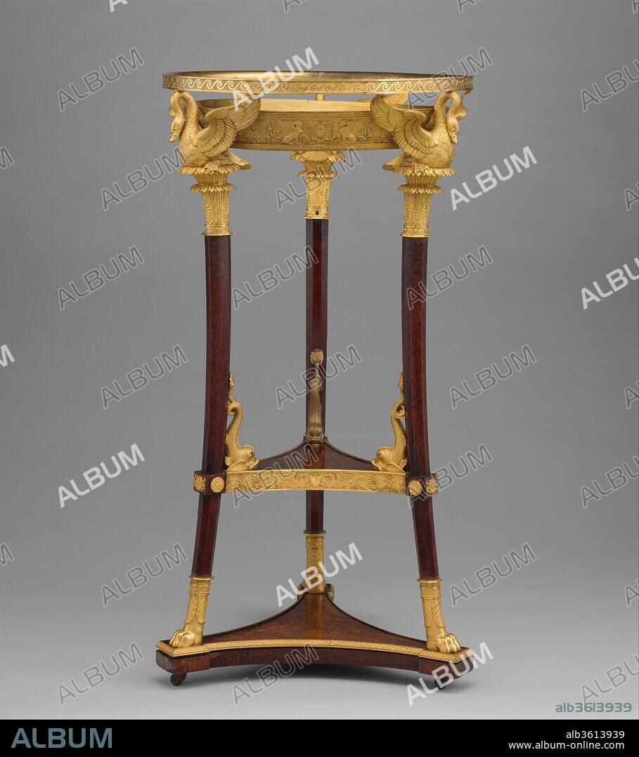 Washstand (athénienne or lavabo). Culture: French, Paris. Designer: Design attributed to Charles Percier (French, Paris 1764-1838 Paris). Dimensions: Height: 36 3/8 in. (92.4 cm); Diameter: 19 1/2 in. (49.5 cm). Maker: Gilt bronze mounts by Martin-Guillaume Biennais (French, 1764-1843, active ca. 1796-1819). Date: 1800-1814.
The form of this elegant washstand ultimately derives from the ancient Greco-Roman three-legged perfume burner or brazier, of which the designer Charles Percier had made some study. The decoration reflects his familiarity with the wall decorations in the emperor Nero's Golden House and their adaptation in Raphael's Logge in the Vatican. A reappreciation during the Renaissance of the tripod as a luxury item of the utmost refinement is documented as early as 1499 by an example illustrated in Francesco Colonna's Hypnerotomachia Poliphili, published in Venice that year.[1] A further not-to-be-underestimated influence on Percier was Neoclassical paintings illustrating ancient Greek mythology, such as The Loves of Paris and Helen, commissioned from Jacques-Louis David (1748-1825) by the comte d'Artois in 1788.[2] The designer was also familiar with the richly illustrated seven-volume Recueil d'antiquités (1752-67) by the comte de Caylus (1692-1765),[3] and the Recueil et parallèle des édi fices by Jean-Nicolas-Louis Durand (1760-1834), published between 1799 and 1801 in Paris, in which plate 25 was devoted to tripod forms, among other types of Roman objects.[4]
The shape of the base and of the shelf--triangular with canted sides--can be traced back to a famous antique Roman tripod named after the French antiquarian Nicolas-Claude Fabri de Peirese (1580-1637).[5] Percier was probably also acquainted with the athénienne designed about 1773 by Jean-Henri Eberts (acc. no. 1993.355.1), which has the same type of base.
The long-accepted attribution of the design of this athénienne to Charles Percier, the imaginative friend of Pierre-François-Léonard Fontaine (1762-1853), who in partnership with Fontaine dominated interior design in France during the Empire period, is based on its close similarity to a large colored drawing ascribed to Percier now in the Musée des Arts Décoratifs in Paris.[6] The maker of the Museum's piece, Martin-Guillaume Biennais, was perhaps the most accomplished goldsmith and entrepreneur of his time in France (see also acc. no. 26.168.77). He owed his economic success to the dissolution of the mighty Parisian guilds, the grandes corporations, which had controlled the activity of all craftsmen and artisans during the ancien régime. Like other skillful young goldsmiths he found himself free after the Revolution to explore business opportunities without corporate obstacles and turned his back on the outdated privileges and jealousies of the habitually conservative former guild masters. One of seven children, Biennais was born into a simple laboring family in 1764. Four decades later, he headed the most important goldsmith's and jeweler's  firm in continental Europe. His inventive traveling sets and ostentatious tableware found favor not only with the emperor and his entourage but also with the swarm of nouveaux riches and self-made men who flourished in prosperous post-Revolutionary France.[7] Biennais's products were smartly promoted on his business card of 1806. It shows at the left in an architectural niche a fashionable tripod, most likely a perfume burner or brazier, crowned by a swan with spread wings.[8]
There is an iron plate on the underside of the triangular shelf between the legs of the Museum's example. This served as an attachment for a lost, hanging bell-shaped ornament decorated with a stylized acanthus-and-acorn motif. How the bell hung down over the stand can be seen in another version of this model in Fontainebleau.[9] The unusually formed, bold ormolu mount would have shifted the eye slightly toward the gilt-metal parts below, creating a better balance between the warm-colored wood and gilded bronze mounts and the sparkling, moonlight-cold look of the silver basin and ewer (both missing from the Museum's piece). Several simpler washstands are recorded in inventories of Napoleon's palaces.[10]
Percier's athénienne is known in three versions: the above-mentioned example at Fontainebleau, which has a probably not original dark, patinated metal basin (the ewer is lost); the present piece; and the famous personal washstand of Napoleon, today at the Musée du Louvre, Paris.[11] Napoleon kept it in his bedroom at the Palais des Tuileries, where he settled early in 1800, the year in which he commissioned the stand. It was one of the few personal luxury items that accompanied the emperor into exile at Saint Helena.
Like Napoleon's washstand, this example is decorated with masterfully executed dolphins and swans, both graceful allusions to Napoleon as the rightful successor of the Sun King, Louis XIV. The  firstborn son of each French ruler was called the "Dauphin," a word that also means dolphin. That jolly sea-dweller and also the winged sea creatures on the frieze around the triangular shelf suggest the Mediterranean, which forms the southern border of France and surrounds the island of Corsica, the birthplace of Napoleon.[12] The swan, which was believed to utter a beautiful song at the time of its death, was associated with Apollo, god of music, with whom Louis XIV identified himself. The swan is also a symbol of beauty and of parental solicitude. At the approach of danger, with feathers puffed up and anxiously hissing, these birds protect their young within the wall of their white wings. Napoleon's consort, Josephine, and her children were frequently compared to a swan and its cygnets.[13] The swan was chosen as her symbol by Claude, wife of Francis I, the French Renaissance king whom Napoleon greatly admired.
The Museum's athénienne was certainly made for a close friend or relative of the emperor. It is a superior example of the new Empire style, through which Napoleon, with the aid of leading artisans, tried to emulate the lavish decors of the ancien régime, modified by the classical restraint and formality of the art of the caesars of ancient Rome. Empire furniture of such superbly calculated plan and proportions may express better than anything else the confidence, fresh ideas, and energy of the age.
[Wolfram Koeppe 2006]
Footnotes:
[1] Peter Thornton. The Italian Renaissance Interior, 1400-1600. New York, 1991, p. 212, pl. 240.
[2] Jacques-Louis David, 1748-1825. Exh. cat., Musée du Louvre, Paris, and Musée National du Château, Versailles. Paris, 1989, pp. 184-88, no. 79; and Anne Dion-Tenenbaum. L'orfèvre de Napoléon: Martin-Guillaume Biennais. Exh. cat., Musée du Louvre. Les dossiers due Musée du Louvre. Paris, 2003, p. 20,  fig. 9.
[3] Claudio Paolini, Alessandra Ponte, and Ornella Selvafolta. Il bello "ritrovato": Gusto, ambienti, mobili dell'Ottocento. Novara, 1990, p. 30.
[4] John Morley. The History of Furniture: Twenty-five Centuries of Style and Design in the Western Tradition. Boston, 1999, p. 17,  fig. 10 (dated 1802); and D'après l'antique. Exh. cat., Musée du Louvre. Paris, 2000, p. 345, no. 159 (entry by Anne Dion-Tenenbaum).
[5] For the Peirese tripod, see John Morley. The History of Furniture: Twenty-five Centuries of Style and Design in the Western Tradition. Boston, 1999, p. 25,  fig. 27.
[6] Anne Dion-Tenenbaum. L'orfèvre de Napoléon: Martin-Guillaume Biennais. Exh. cat., Musée du Louvre. Les dossiers due Musée du Louvre. Paris, 2003, pp. 19-20, no. 2; in this excellent study Dion-Tenenbaum discusses the evolution of the tripod form in great detail.
[7] Ibid., pp. 11-17.
[8] Ibid., p. 14,  fig. 3.
[9] The third known version of this model, in the Musée du Louvre, Paris, has an identical iron plate, but the pendent bell ornament has been lost. On this washstand, see below at n. 11. For the second version, at Fontainebleau, see Anne Dion-Tenenbaum. L'orfèvre de Napoléon: Martin-Guillaume Biennais. Exh. cat., Musée du Louvre. Les dossiers due Musée du Louvre. Paris, 2003, pp. 23-24, no. 4.
[10] For example, "une athénienne dorée beau bois d'acajou, pot et jatte dorés" (a gilded athénienne of mahogany, the ewer and bowl gilded) and another with gilded ewer and bowl decorated with palmettes; Archives Nationales, Paris, O2 55.
[11] For Napoleon's washstand, see R., G., and C. Ledoux-Lebard. "L'inventaire des appartements de l'empereur Napoléon Ier aux Tuileries." Bulletin de la Société de l'Histoire de l'Art Français, 1952 (pub. 1953), p. 200, no. 872; D'après l'antique. Exh. cat., Musée du Louvre. Paris, 2000, pp. 346-47, no. 160 (entry by Anne Dion-Tenenbaum);  Anne Dion-Tenenbaum. L'orfèvre de Napoléon: Martin-Guillaume Biennais. Exh. cat., Musée du Louvre. Les dossiers due Musée du Louvre. Paris, 2003, pp. 21-22, no. 3; Gail Feigenbaum. Jefferson's America and Napoleon's France: An Exhibition for the Louisiana Purchase Bicentennial. Exh. cat., New Orleans Museum of Art. New Orleans, 2003, p. 71, no. 47 (entry by David O'Brien); and Elke Pastré. "Der Goldschmied Napoleons." Weltkunst 73 (December 2003), p. 2109,  fig. 4.
[12] A Greek mosaic found on the island of Delos is decorated with dolphins and the same wavelike Vitruvian scroll ornament that encircles the upper ring of the basin holder of the Museum's washstand. For the mosaic, see Pierre Arizzoli-Clémental. "Néoclassicisme." In L'art décoratif en Europe, ed. Alain Gruber, vol. 3, Du Néoclassicisme à l'Art Déco, pp. 21-127. Paris, 1994, p. 62.
[13] James David Draper, with Clare Le Corbeiller. The Arts under Napoleon: An Exhibition of the Department of European Sculpture and Decorative Arts, with Loans from the Audrey B. Love Foundation and Other New York Collections. Exh. cat., The Metropolitan Museum of Art. New York, 1978, p. [4]. On the symbolism of swans, see James Hall. Dictionary of Subjects and Symbols in Art. Rev. ed. New York, 1979, p. 294.