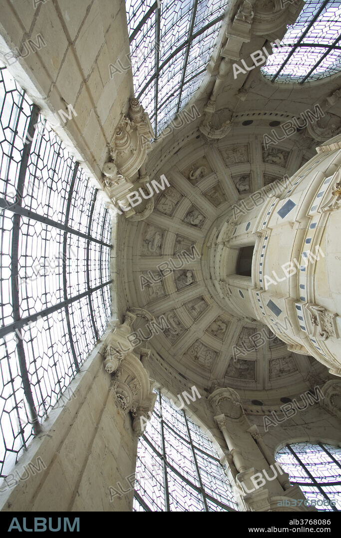 Looking up at the roof that covers the double helix staircase in Chateau de Chambord, UNESCO World Heritage Site, Loir-et-Cher, Centre, France, Europe.