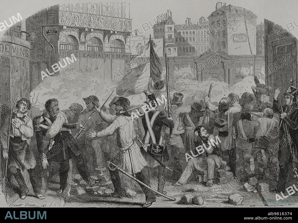 VIVANT BEAUCé (1818-1876). FRENCH ARTIST.. Revoluciones Liberales. Francia. Revolución de 1830, llamada también Revolución de Julio o las Tres Gloriosas. Fueron unas jornadas revolucionarias en contra del rey Carlos X (1757-1836) a causa de sus medidas antiliberales. Durante los días 27, 28 y 29 de julio de 1830 los parisinos se sublevaron, consiguiendo derrocar al rey. La lucha en la calle. Grabado por Vivant Beaucé. Los Héroes y las Grandezas de la Tierra. Tomo V. 1855.