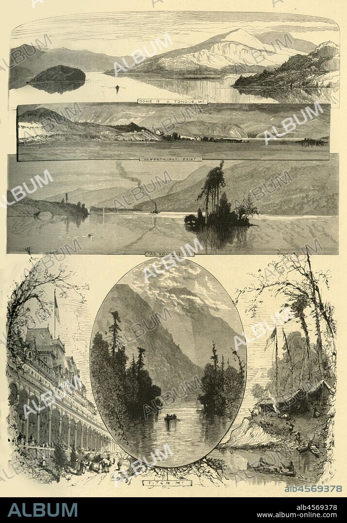WILLIAM JAMES PALMER. 'Scenes on Lake George', 1874. 'Dome Island & Tongue Mountain, Sabbath Day Point, "As You Are" Island, Fitch Mountain', New York State, USA. From "Picturesque America; or, The Land We Live In, A Delineation by Pen and Pencil of the Mountains, Rivers, Lakes...with Illustrations on Steel and Wood by Eminent American Artists" Vol. II, edited by William Cullen Bryant. [D. Appleton and Company, New York, 1874].