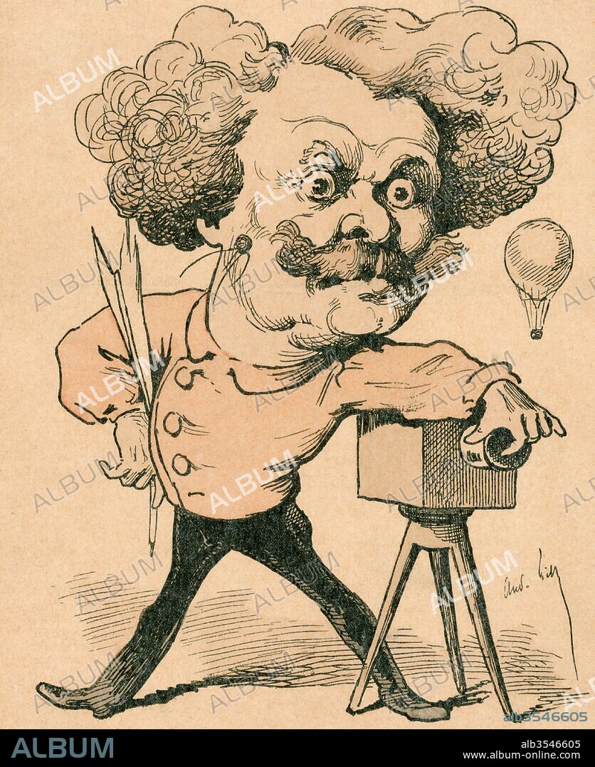 Nadar, pseudonym of Gaspard-Félix Tournachon, 1820 – 1910. French photographer, caricaturist, journalist, novelist, and balloonist. After a 19th century caricature by Andre Gill. Lithograph.