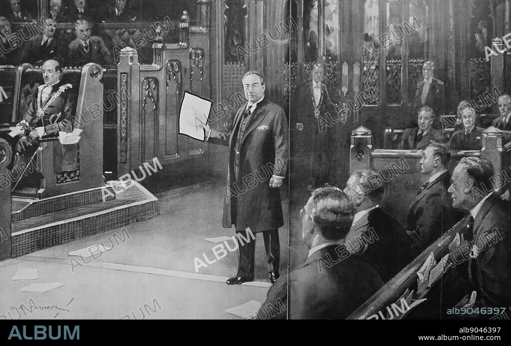 Prime Minister Stanley Baldwin delivers the announcement of King Edward VIII's abdication to the British Parliament. 1936.